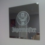 Etching of a Jagermeister mirror glass.